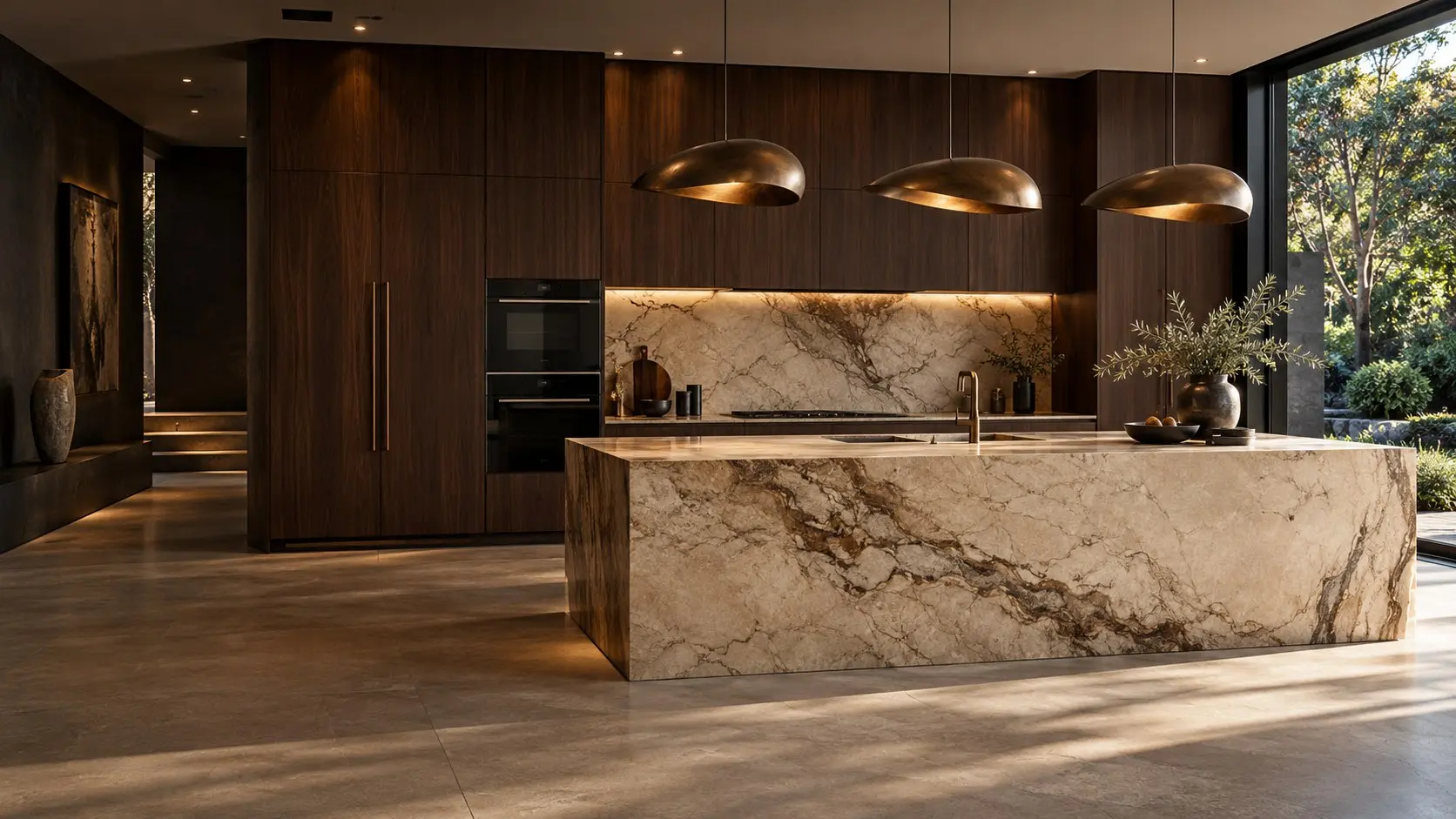 Concept kitchen with walnut cabinetry and sculptural natural stone island