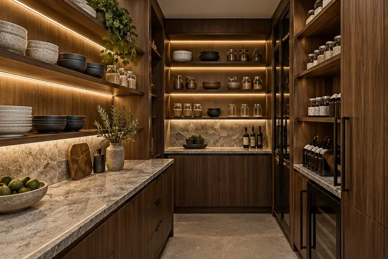 Pantry joinery concept showing fitted timber cabinets, shelving and integrated task lighting